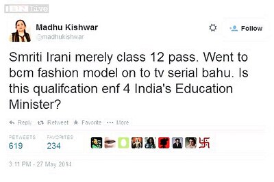 Madhu Kishwar lets fly at the choice of Smriti Irani as HRD Minister