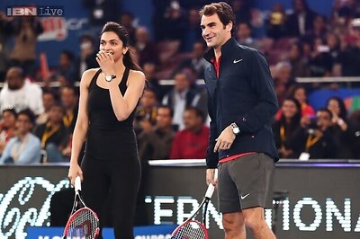Snapshot: Deepika Padukone shows off her tennis skills as she plays a mixed doubles with Roger Federer