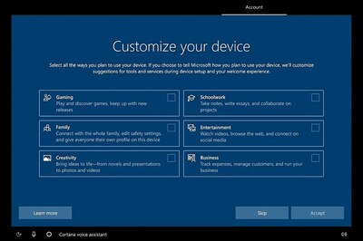 A New Windows 10 Setup Screen Wants To Know If You Use The PC For Schoolwork, Gaming Or Business