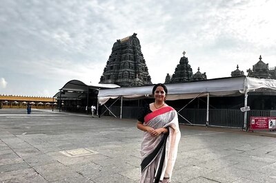 In Pics: Actress Anasuya Bharadwaj In Polka-dotted Saree At Yadadri Temple