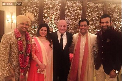 Snapshot: Anupam Kher attends Suresh Raina's wedding, poses with MS Dhoni, Irfan Pathan for photos